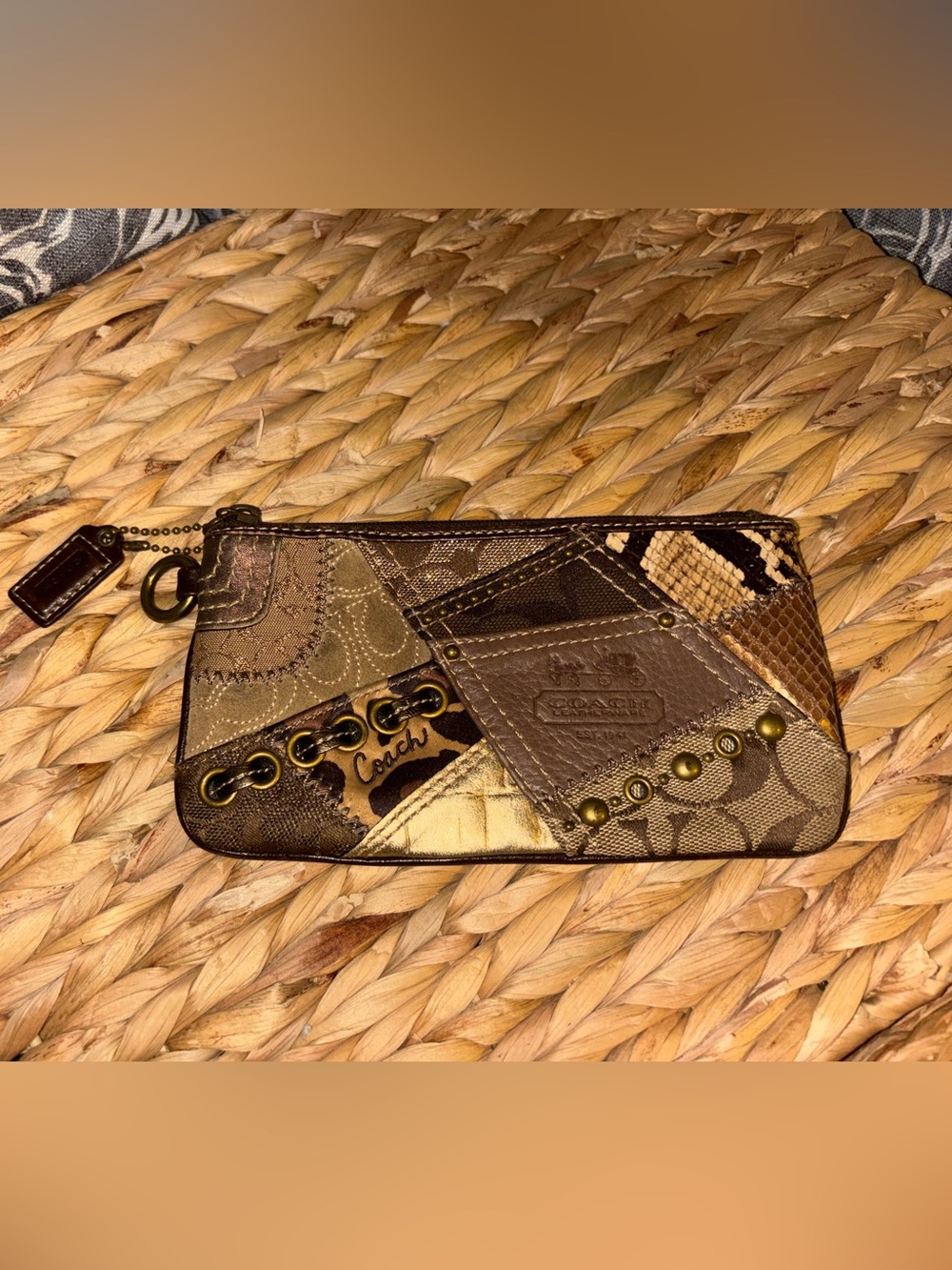Vintage Y2K Coach Patchwork Leather and Canvas Wristlet with Animal Print